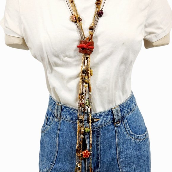 Raku Ceramic Crystal Leather Wrap Stone Long Necklace Boho Chain Charm Red - Picture 3 of 3